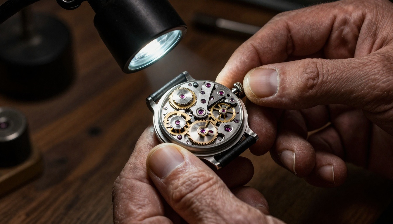 Craftsman's weathered hands holding a precision watch movement with a focused jeweler's lamp creating micro-specular highlights Craftsman's weathered hands holding a precision watch movement with a focused jeweler's lamp creating micro-specular highlights