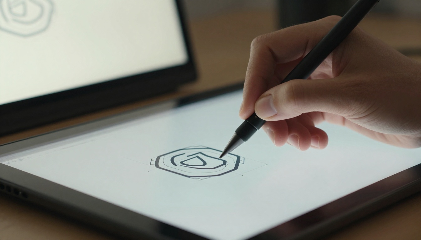 Graphic designer's hands refining vector brand illustrations on a drawing tablet with precise bezier curve control Graphic designer's hands refining vector brand illustrations on a drawing tablet with precise bezier curve control
