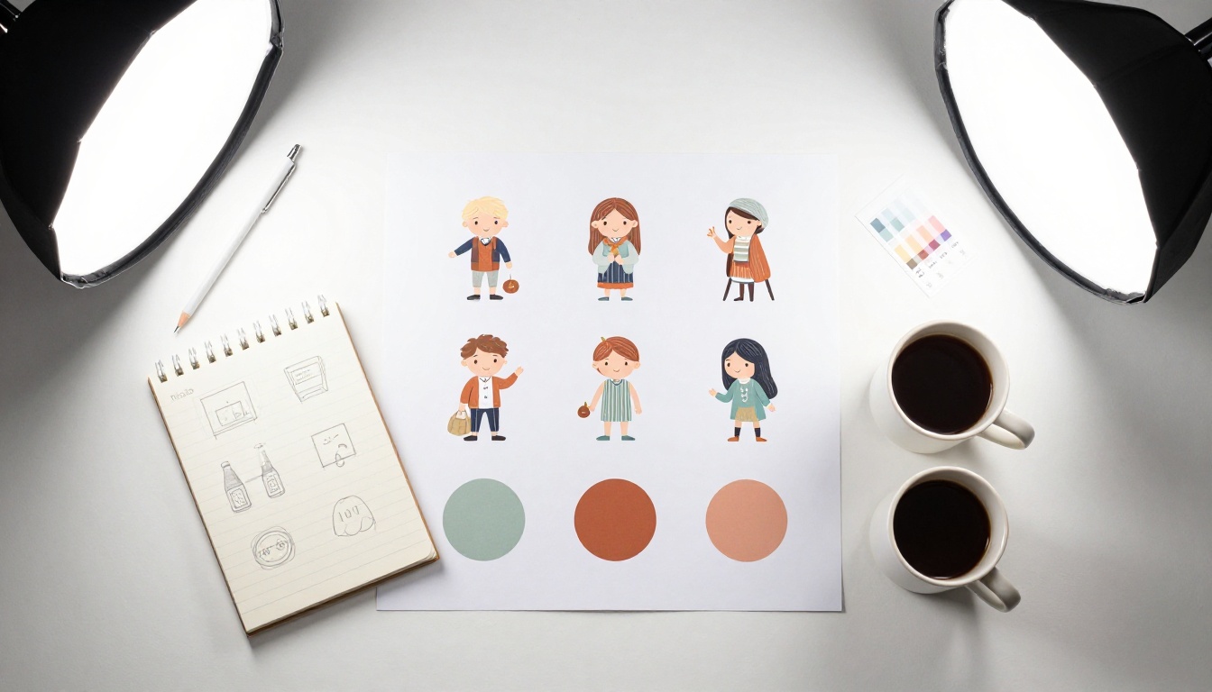 Flat lay of a printed brand identity style guide open to the illustrations page with color swatches and specimen sheets Flat lay of a printed brand identity style guide open to the illustrations page with color swatches and specimen sheets