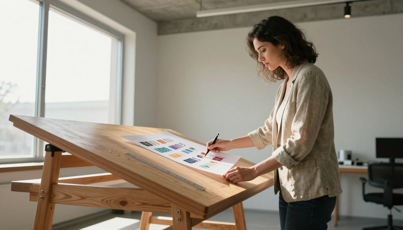 Designer reviewing a large printed color proof of a brand illustration set in afternoon studio light Designer reviewing a large printed color proof of a brand illustration set in afternoon studio light