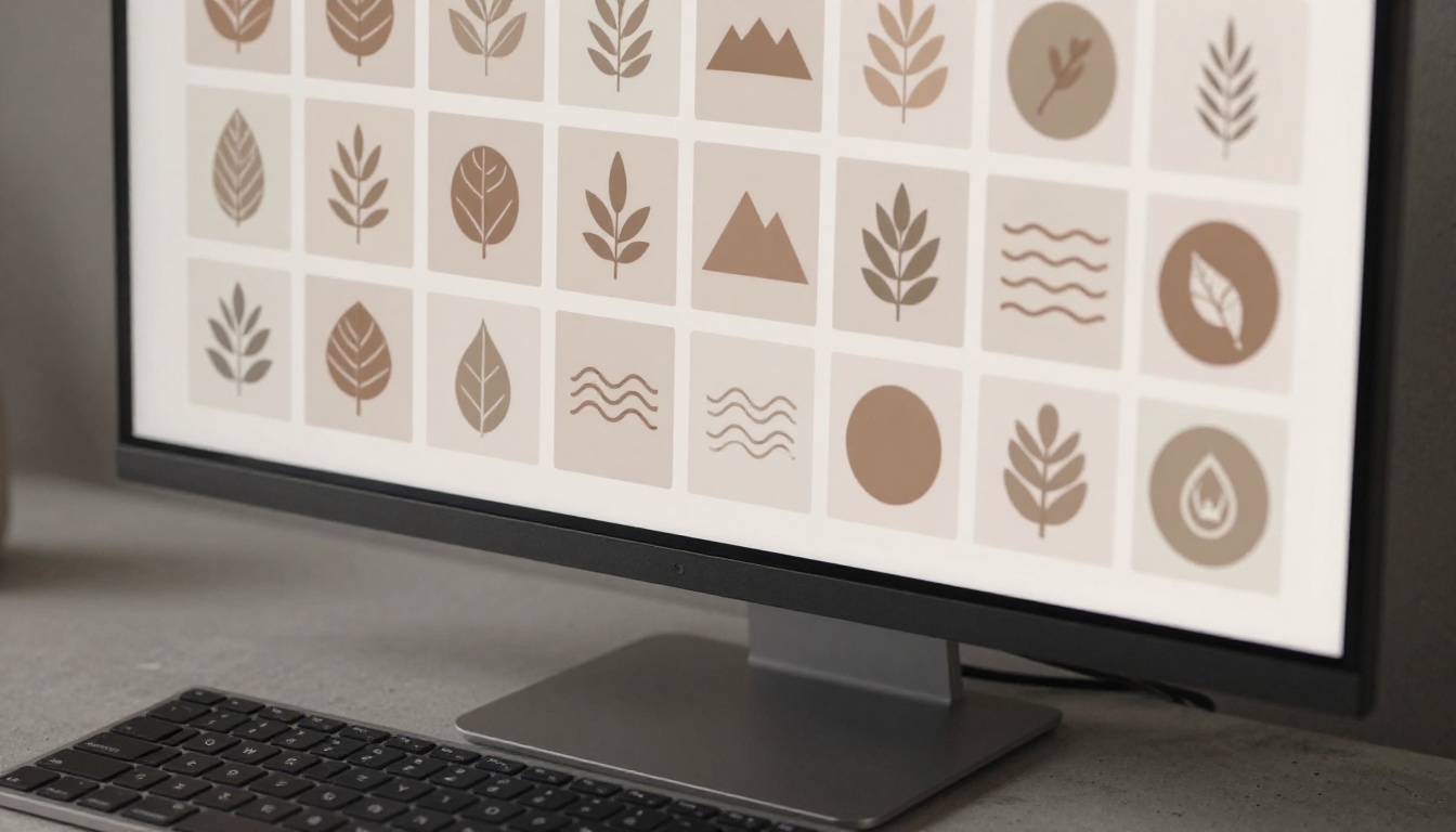 Monitor screen displaying a coherent brand icon grid in a consistent illustration style across multiple motifs Monitor screen displaying a coherent brand icon grid in a consistent illustration style across multiple motifs
