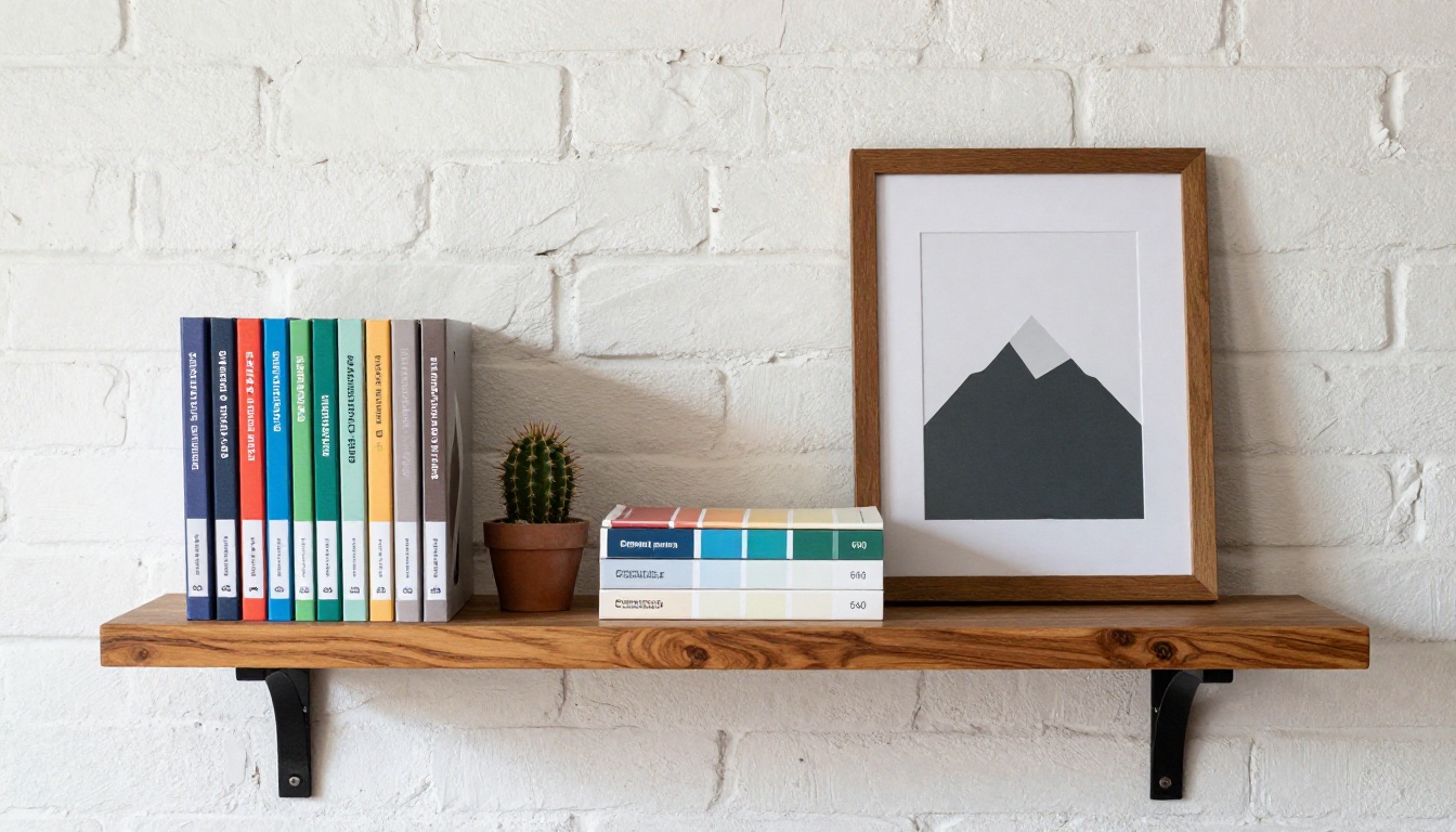 Brand identity binders, Pantone swatch books, and a framed brand illustration on a richly textured studio shelf Brand identity binders, Pantone swatch books, and a framed brand illustration on a richly textured studio shelf