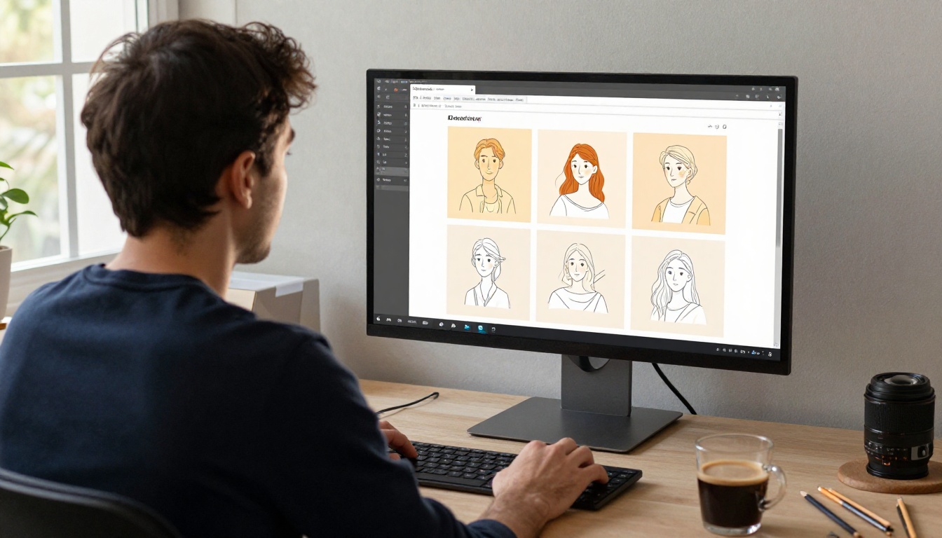 Over-the-shoulder view of a designer using an AI illustration interface, monitor showing a grid of generated brand outputs Over-the-shoulder view of a designer using an AI illustration interface, monitor showing a grid of generated brand outputs