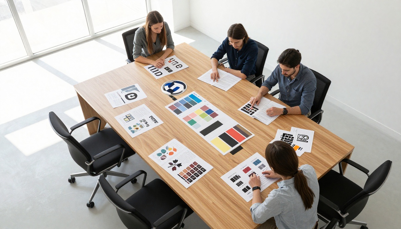 Brand team reviewing printed brand presentation boards laid out across a conference table in a bright boardroom Brand team reviewing printed brand presentation boards laid out across a conference table in a bright boardroom