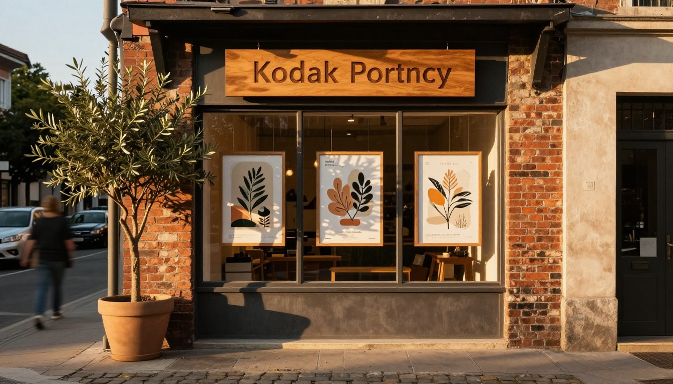 Creative agency storefront window displaying a cohesive brand illustration collection in consistent earthy illustration style Creative agency storefront window displaying a cohesive brand illustration collection in consistent earthy illustration style
