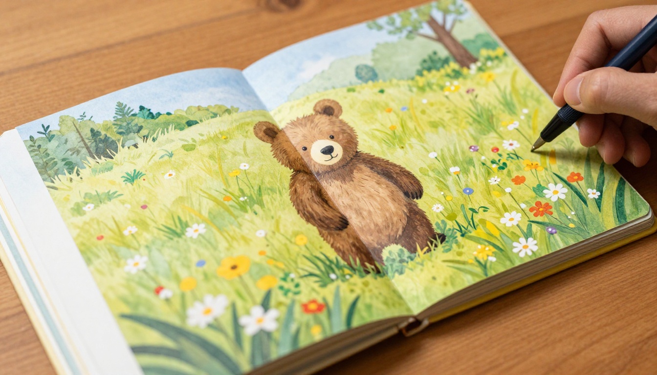 Children's picture book open flat showing a vibrant bear cub illustration spread on warm wood table Children's picture book open flat showing a vibrant bear cub illustration spread on warm wood table