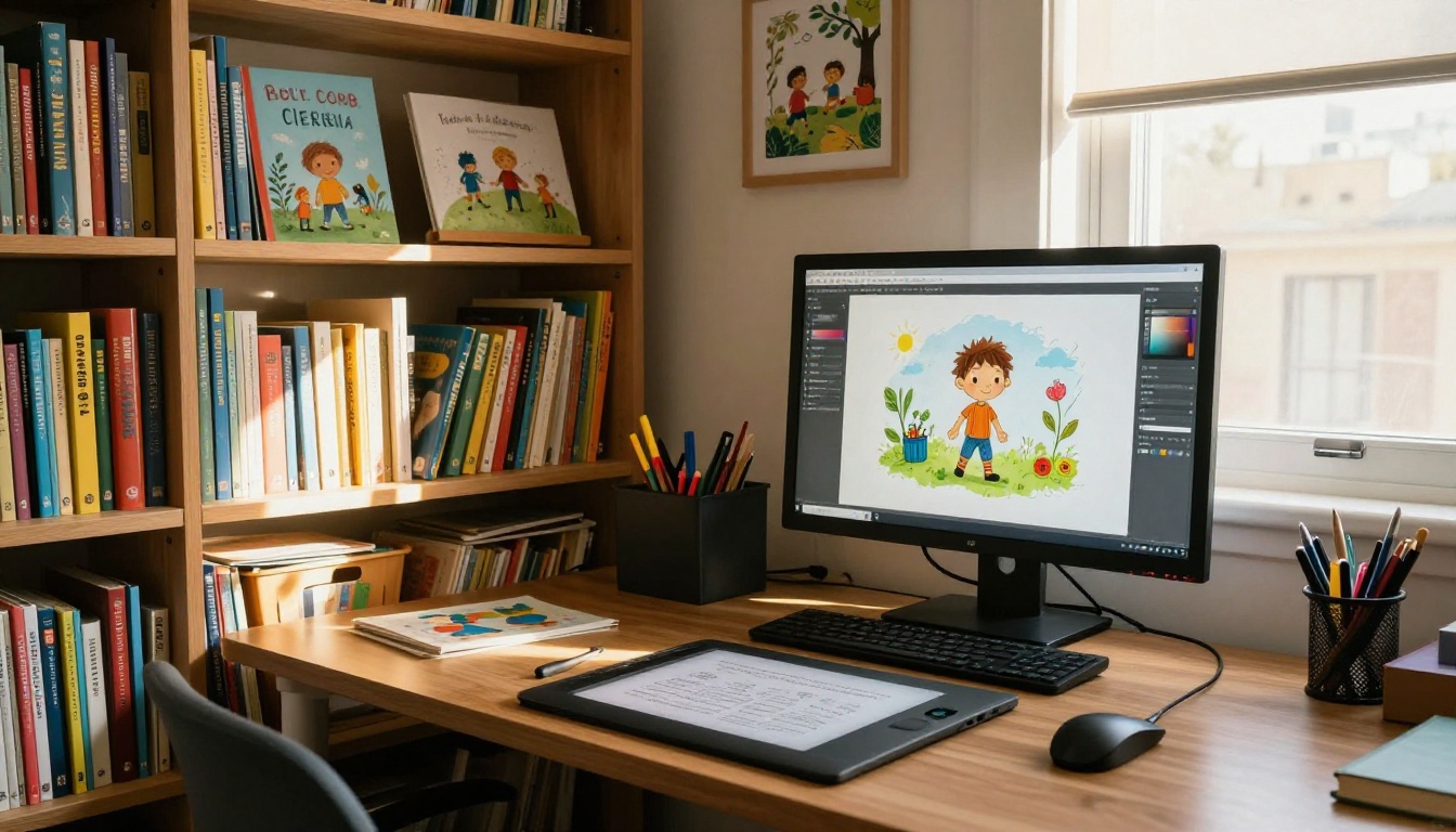 Modern children's book author home office with drawing tablet and AI image interface on monitor Modern children's book author home office with drawing tablet and AI image interface on monitor