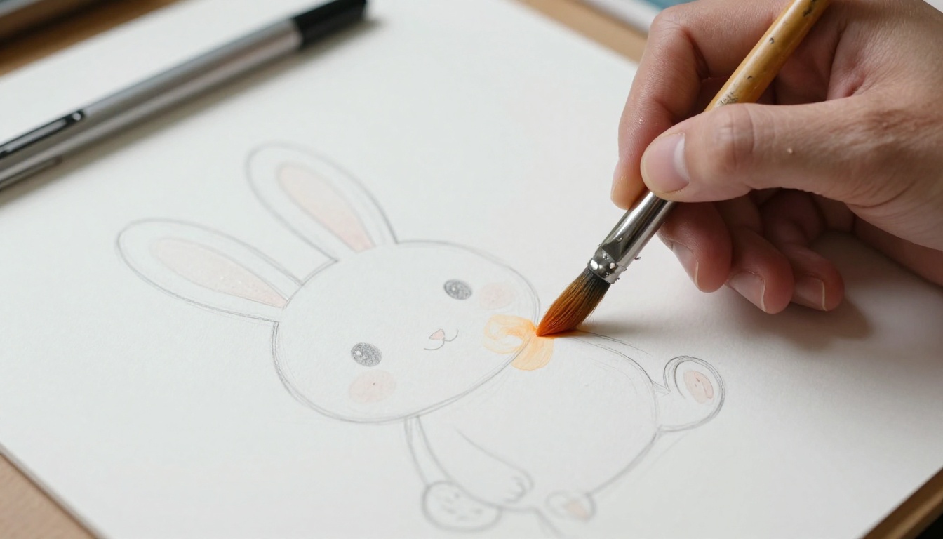 Professional artist hand applying warm orange watercolor to hand-drawn storybook rabbit illustration Professional artist hand applying warm orange watercolor to hand-drawn storybook rabbit illustration