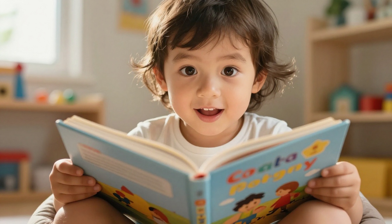 Young child with wide brown eyes reading a colorful picture book with genuine delight in beanbag chair Young child with wide brown eyes reading a colorful picture book with genuine delight in beanbag chair