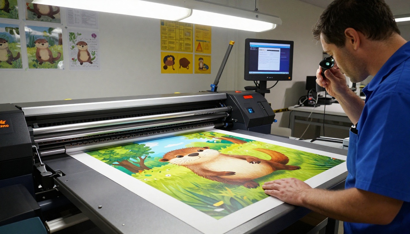 Professional printing studio technician monitoring large-format printer producing children's book page Professional printing studio technician monitoring large-format printer producing children's book page