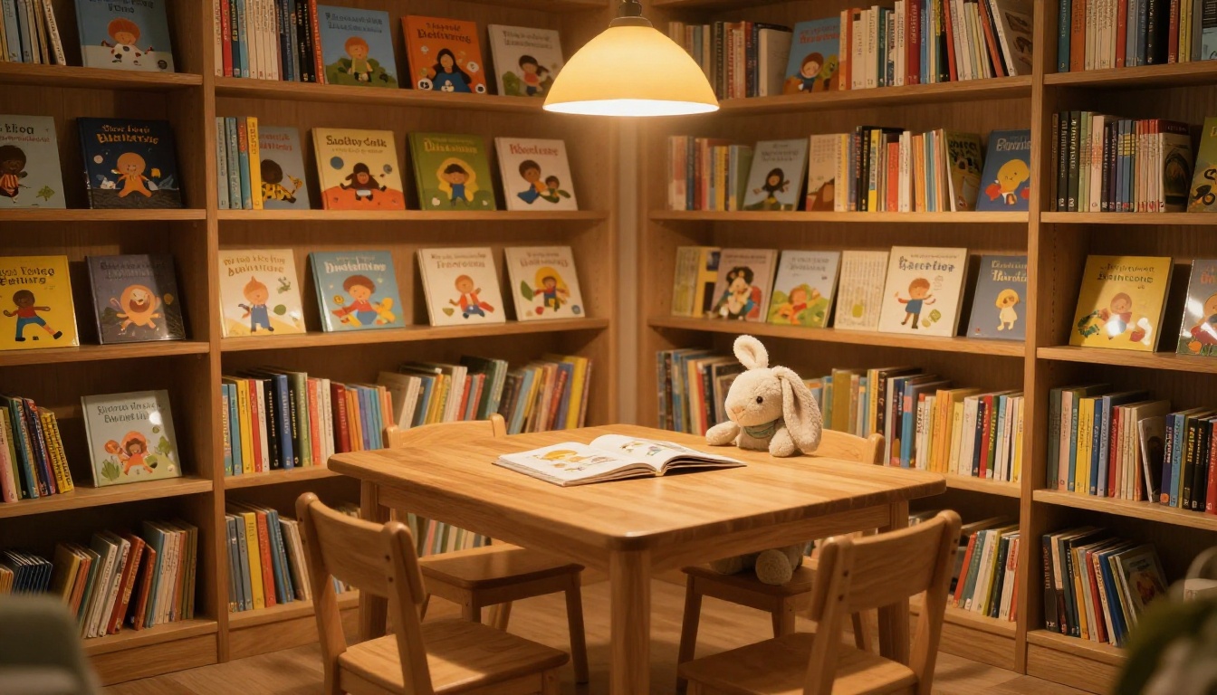 Cozy library reading corner with small wooden table, stuffed rabbit toy, and colorful picture books under warm pendant lights Cozy library reading corner with small wooden table, stuffed rabbit toy, and colorful picture books under warm pendant lights