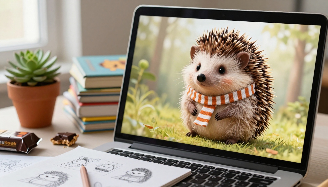 Laptop screen in creative workspace showing AI-generated hedgehog character with striped scarf for children's book Laptop screen in creative workspace showing AI-generated hedgehog character with striped scarf for children's book