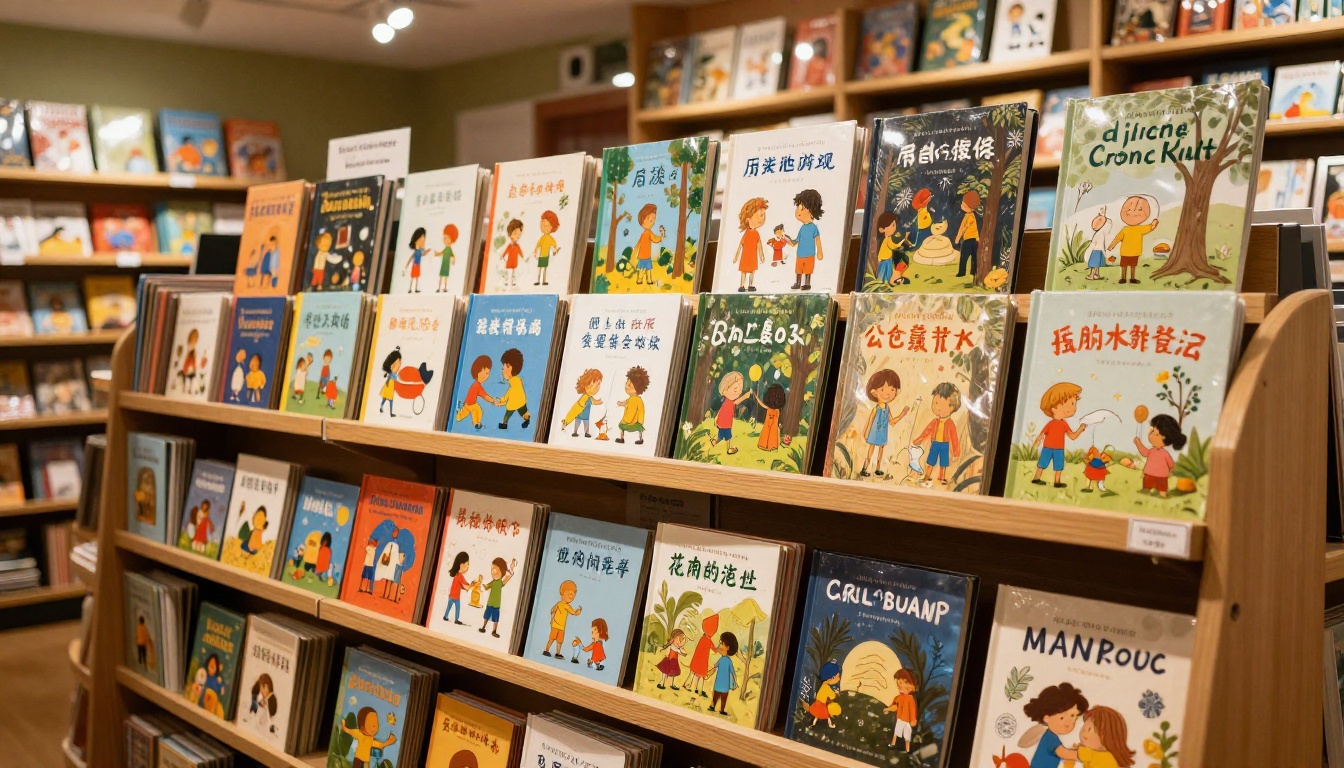 Vibrant children's bookstore display shelf with colorful illustrated picture books arranged face-out and spine-out Vibrant children's bookstore display shelf with colorful illustrated picture books arranged face-out and spine-out