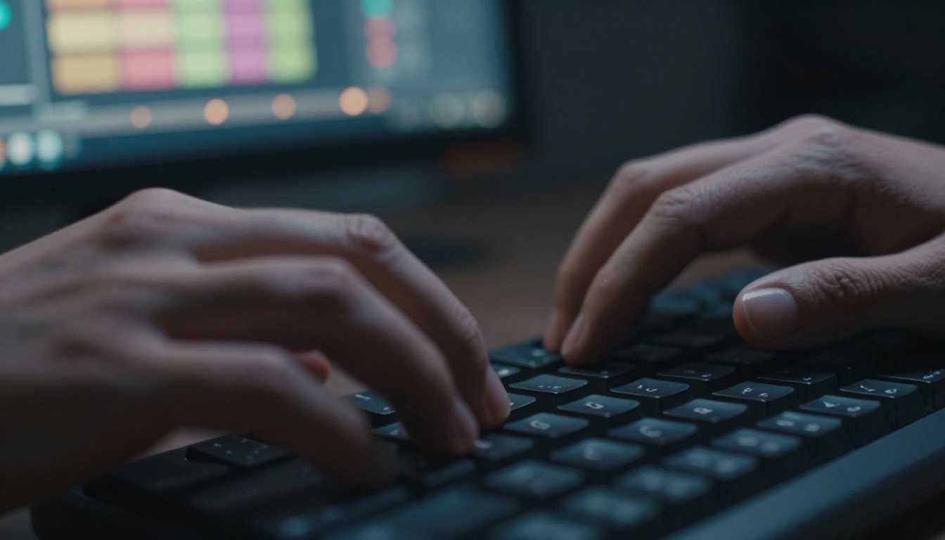 Hands typing a text prompt on a keyboard with colorful video frames glowing in the background Hands typing a text prompt on a keyboard with colorful video frames glowing in the background