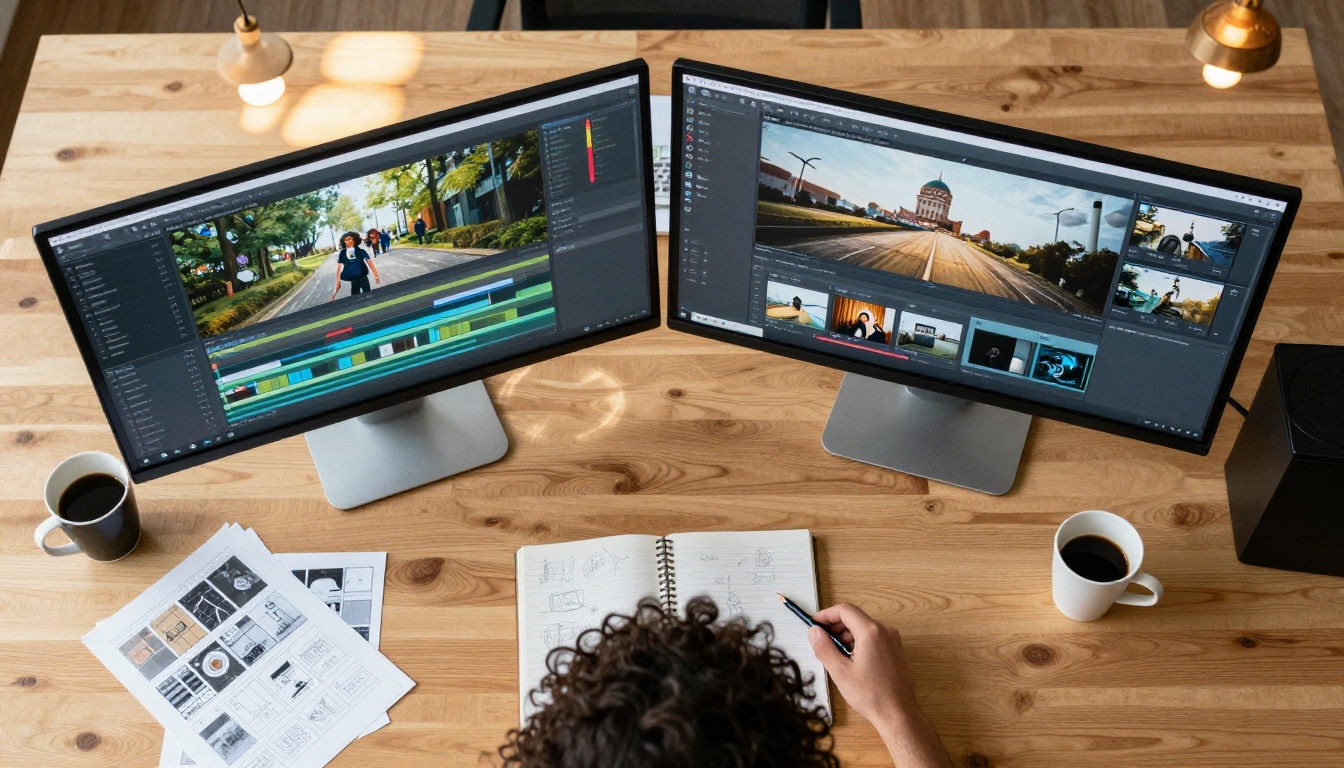 Aerial view of a creative workspace with two curved monitors showing video timelines and thumbnail grids Aerial view of a creative workspace with two curved monitors showing video timelines and thumbnail grids