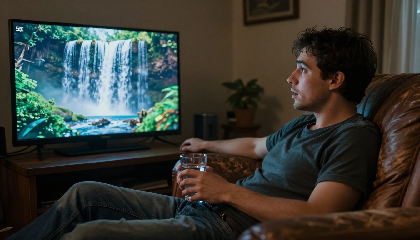 A young man sitting on a leather sofa watching a cinematic AI-generated waterfall scene on a large monitor A young man sitting on a leather sofa watching a cinematic AI-generated waterfall scene on a large monitor