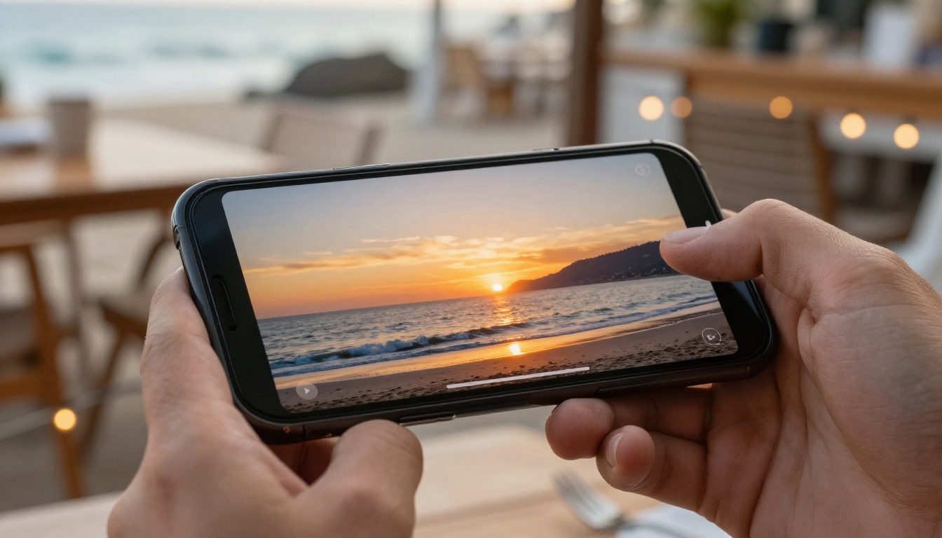 A smartphone held in one hand with a vivid AI-generated beach sunset video playing on the screen A smartphone held in one hand with a vivid AI-generated beach sunset video playing on the screen
