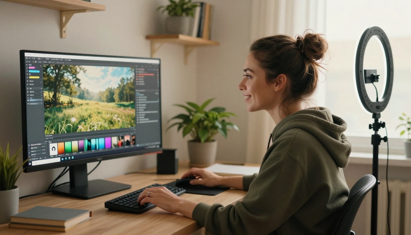 A woman content creator at her desk with an AI video generation interface visible on a second monitor beside her A woman content creator at her desk with an AI video generation interface visible on a second monitor beside her