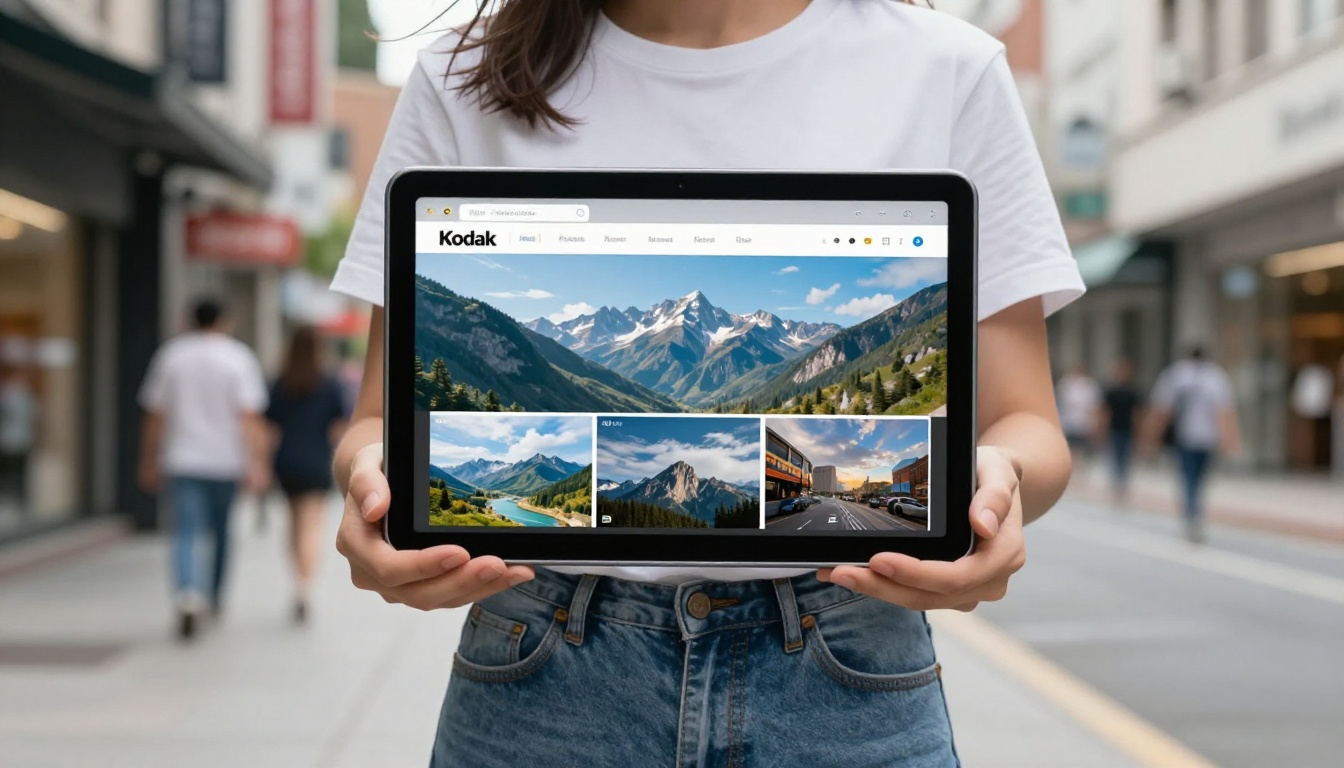 A young man on a city street holding a tablet showing an AI-generated mountain landscape in a browser A young man on a city street holding a tablet showing an AI-generated mountain landscape in a browser