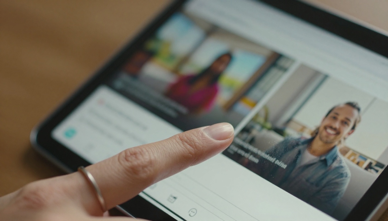 Close-up of a finger tapping a tablet screen showing a colorful AI video generation interface Close-up of a finger tapping a tablet screen showing a colorful AI video generation interface