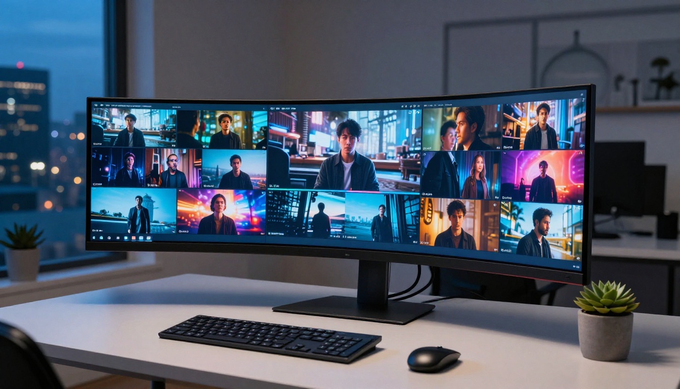 A modern home office at dusk with a large curved monitor glowing with cinematic video sequences A modern home office at dusk with a large curved monitor glowing with cinematic video sequences