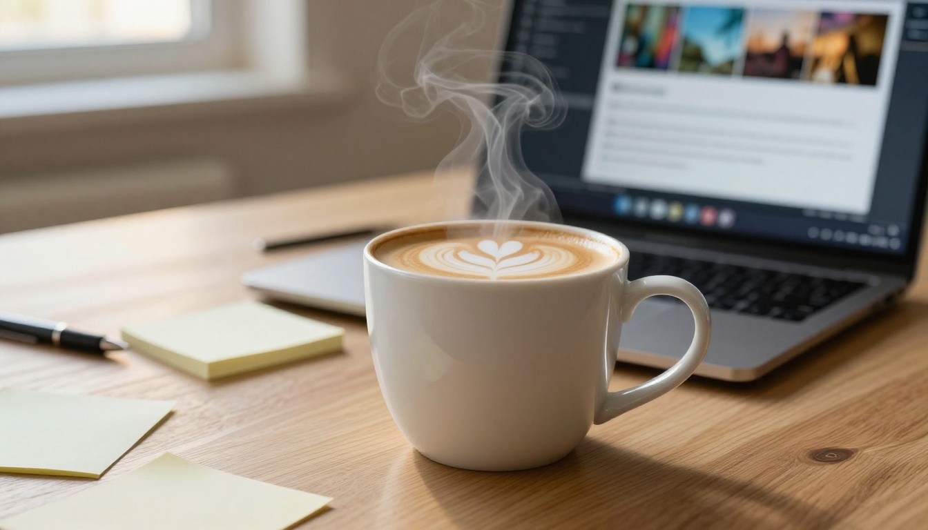 A ceramic coffee mug next to an open laptop showing an AI video generation interface in warm morning light A ceramic coffee mug next to an open laptop showing an AI video generation interface in warm morning light