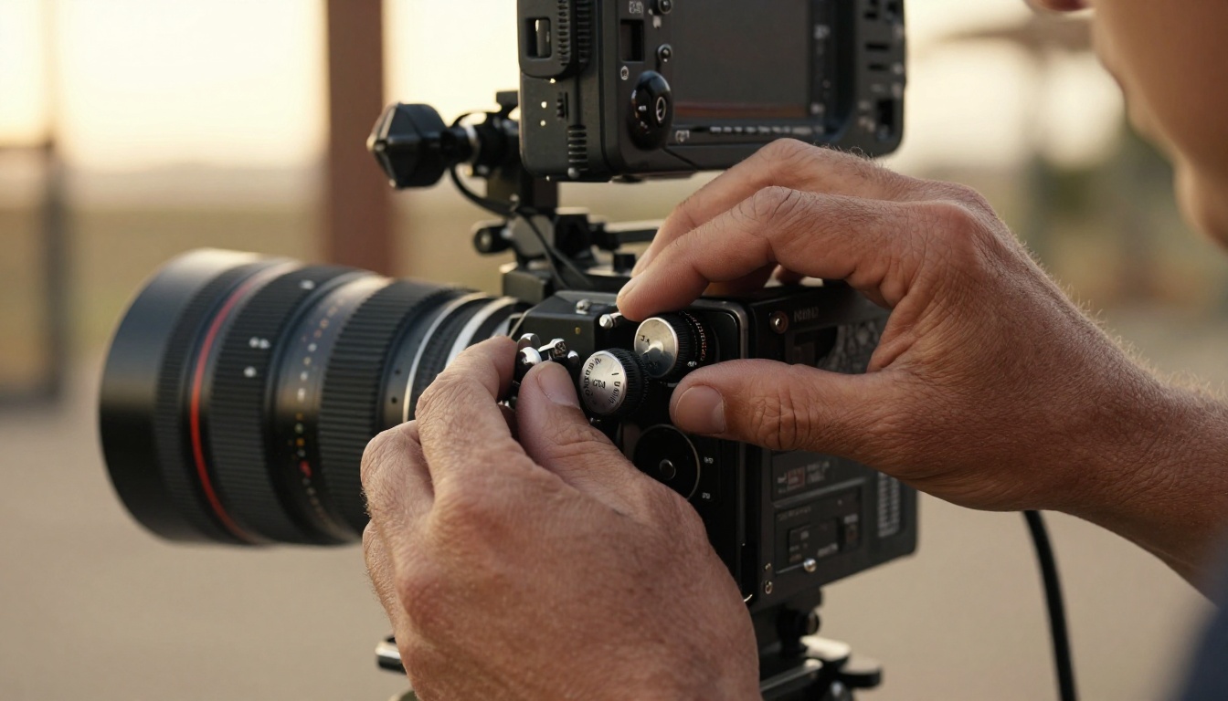 Professional cinematographer's weathered hands adjusting cinema camera control dials in warm golden studio light Professional cinematographer's weathered hands adjusting cinema camera control dials in warm golden studio light