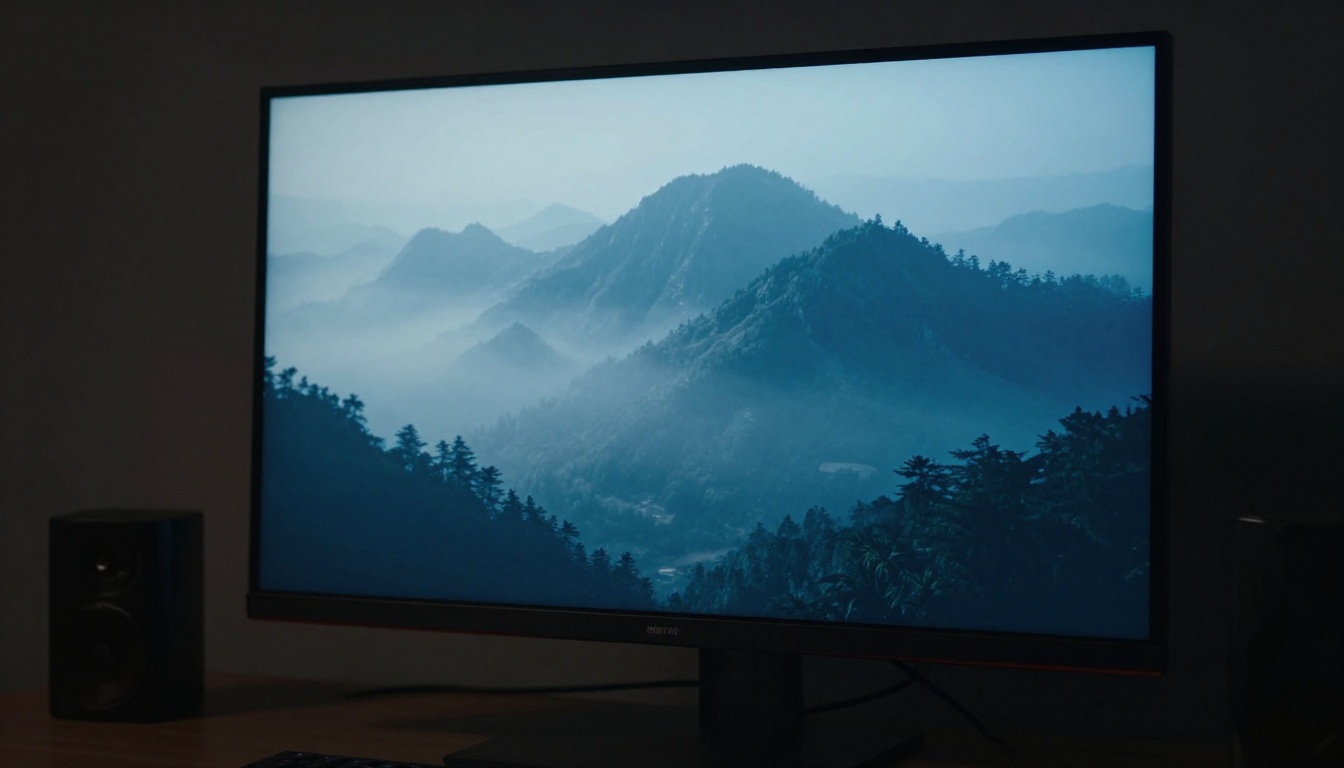 Large 4K monitor displaying AI-generated mountain landscape video frames with cool blue screen light across a dark minimalist desk Large 4K monitor displaying AI-generated mountain landscape video frames with cool blue screen light across a dark minimalist desk