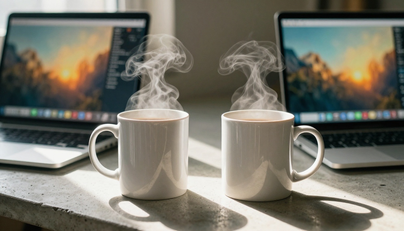 Two laptops on a concrete desk each showing video generation interfaces, steam rising from ceramic mugs caught in warm morning backlight Two laptops on a concrete desk each showing video generation interfaces, steam rising from ceramic mugs caught in warm morning backlight