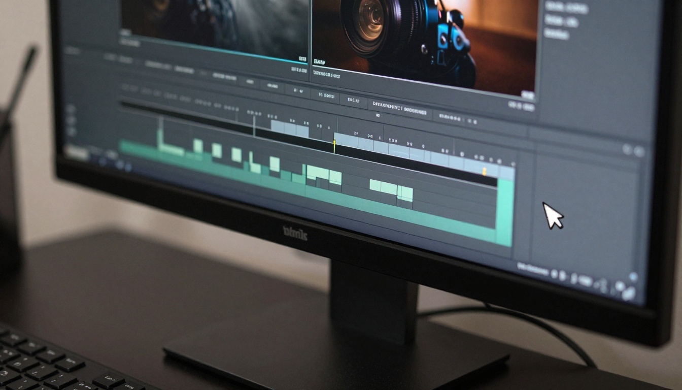 Close-up of a video timeline editing interface on a high-resolution monitor, cursor hovering over motion keyframes with professional cable management visible Close-up of a video timeline editing interface on a high-resolution monitor, cursor hovering over motion keyframes with professional cable management visible