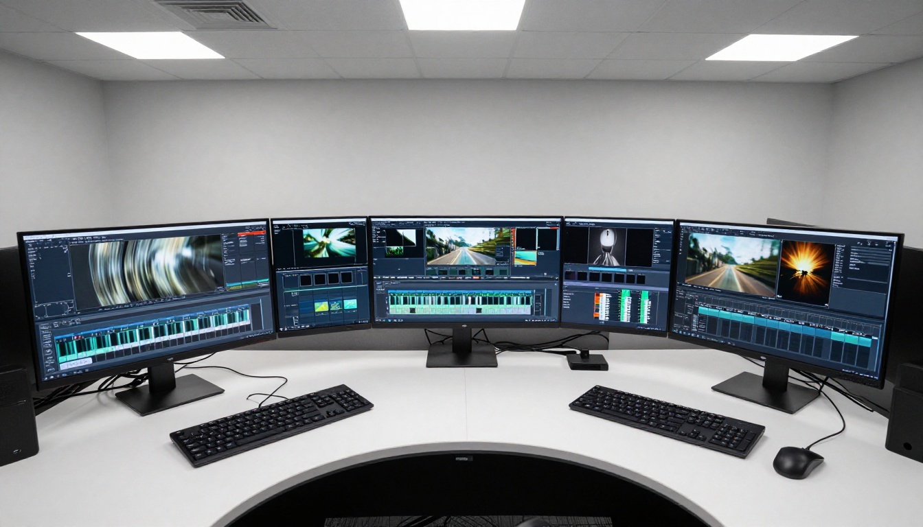 Aerial overhead birds-eye view of two professional video editing workstations side by side with curved monitors showing different video output frames Aerial overhead birds-eye view of two professional video editing workstations side by side with curved monitors showing different video output frames