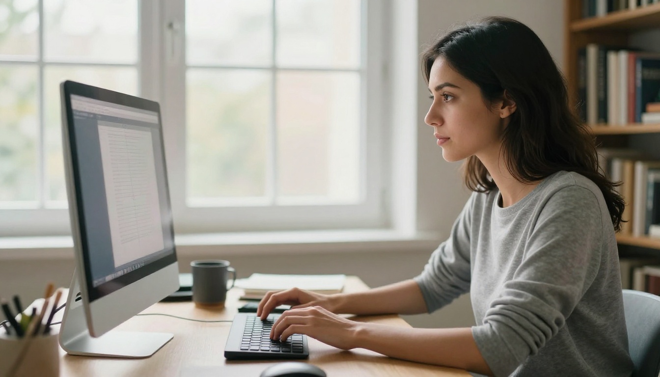 A focused woman in her early 30s working at a minimal computer setup in a bright home office, natural daylight streaming from a window to her right A focused woman in her early 30s working at a minimal computer setup in a bright home office, natural daylight streaming from a window to her right