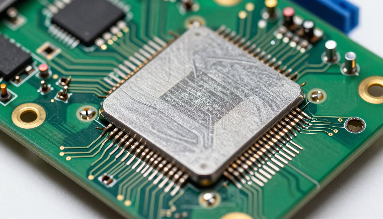 Extreme close-up of GPU circuit board components under forensic macro lighting, copper heat sink fins and solder joints reflecting ring-flash highlights Extreme close-up of GPU circuit board components under forensic macro lighting, copper heat sink fins and solder joints reflecting ring-flash highlights