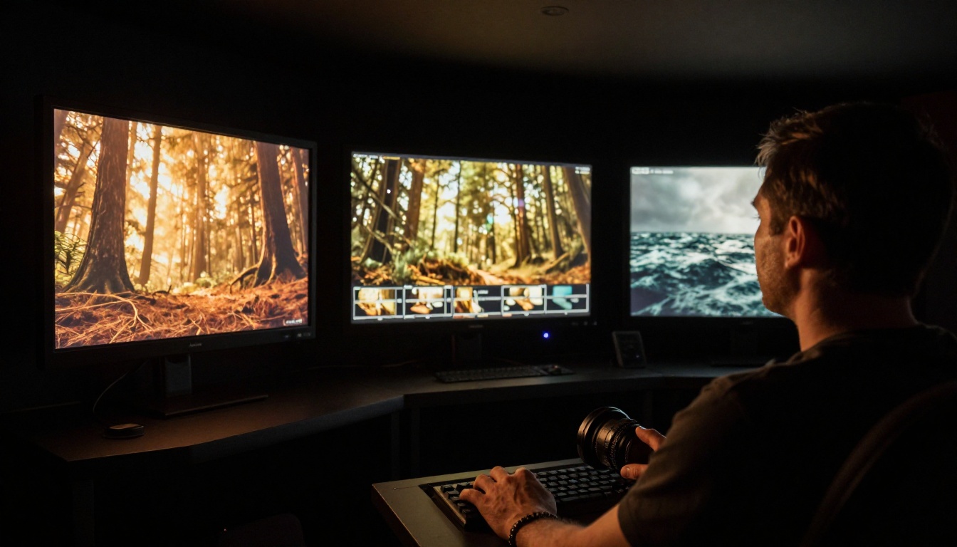 A cinema director seated at a color-grading station, three large reference monitors casting warm amber upward light on their face in a dark professional suite A cinema director seated at a color-grading station, three large reference monitors casting warm amber upward light on their face in a dark professional suite