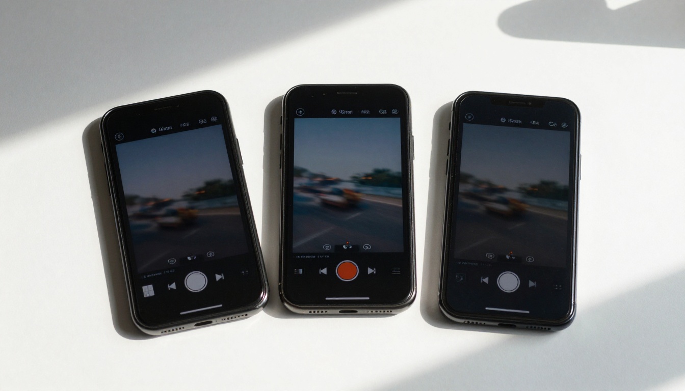 Two smartphones side by side on a white paper desk surface showing AI video playback interfaces with motion blur trails, overhead natural window light Two smartphones side by side on a white paper desk surface showing AI video playback interfaces with motion blur trails, overhead natural window light