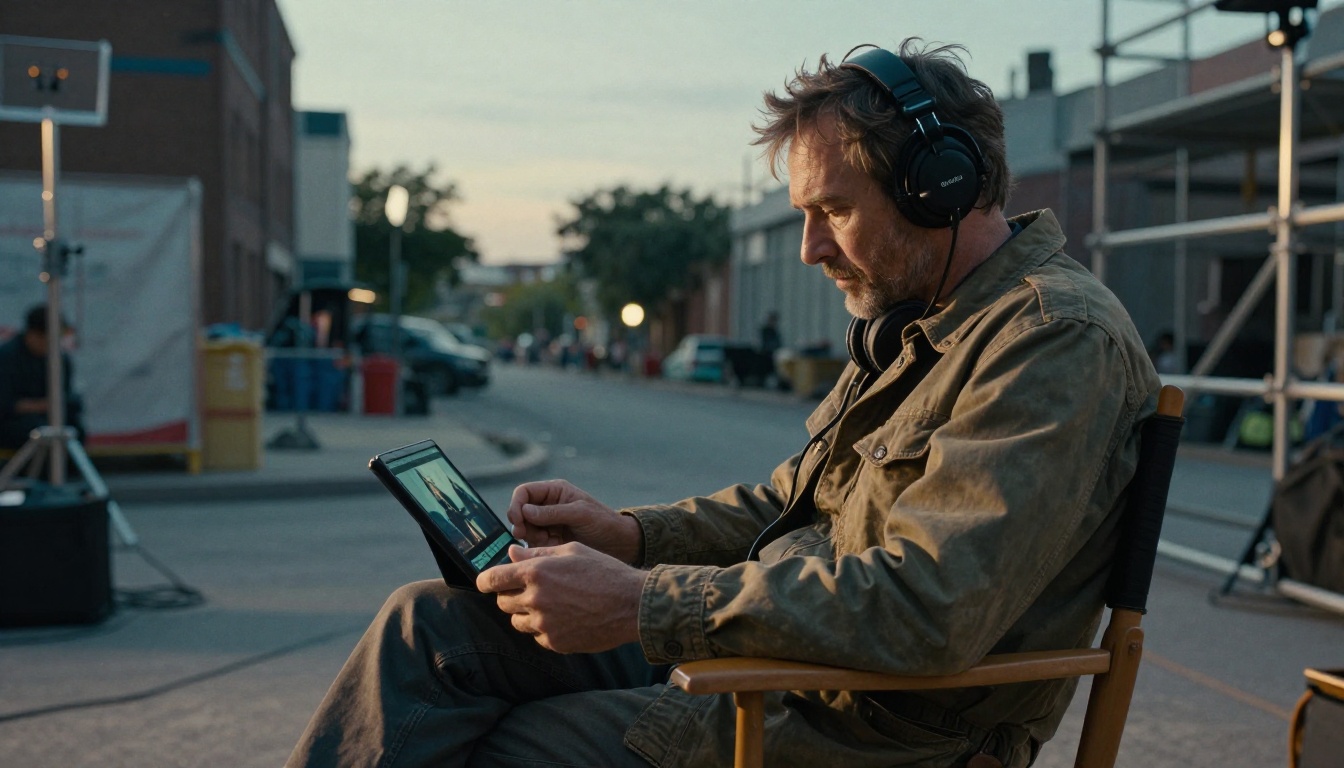 A professional film director reviewing footage on location at magic hour A professional film director reviewing footage on location at magic hour