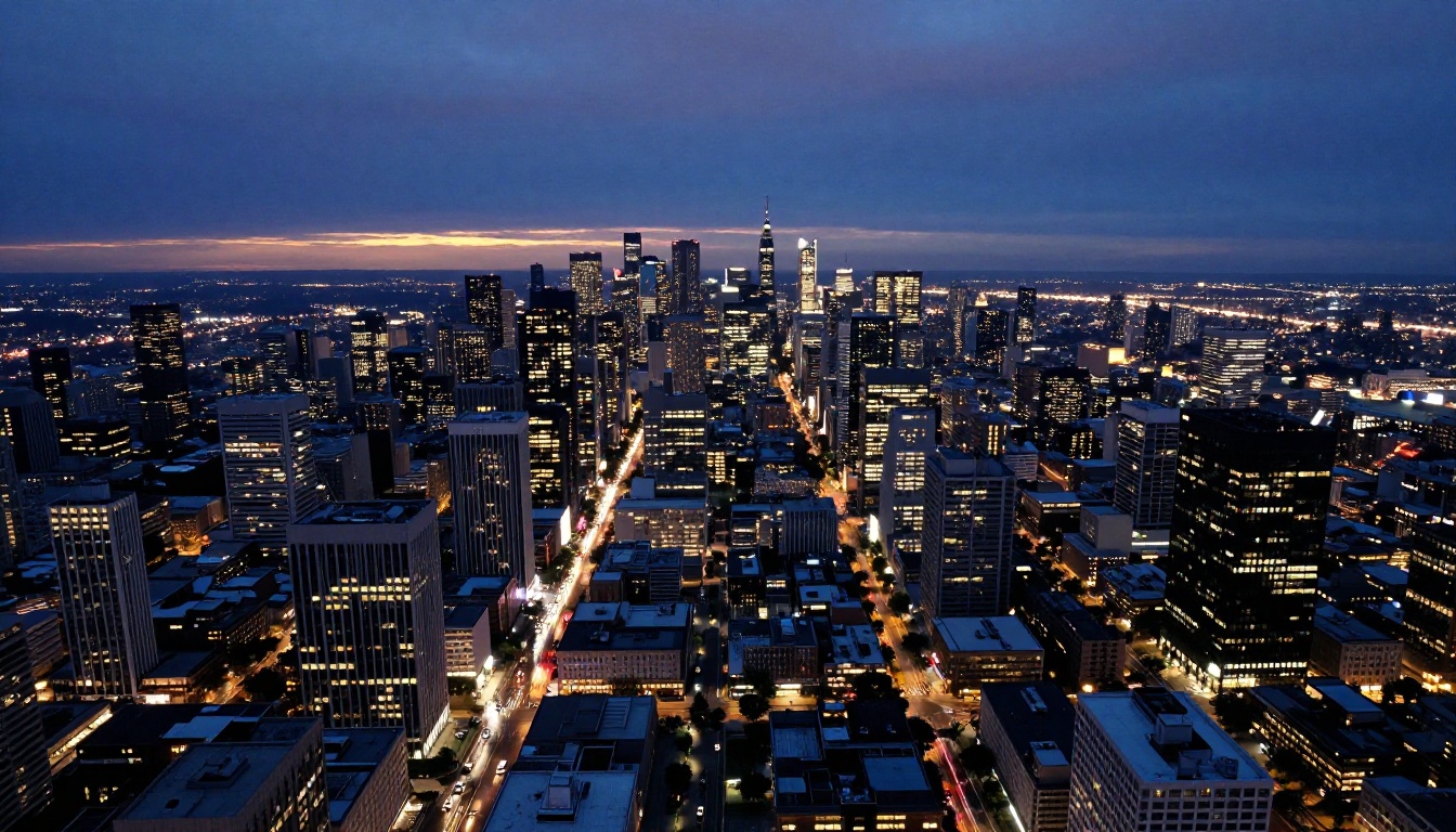Aerial city shot at blue hour for a cinematic trailer establishing sequence Aerial city shot at blue hour for a cinematic trailer establishing sequence