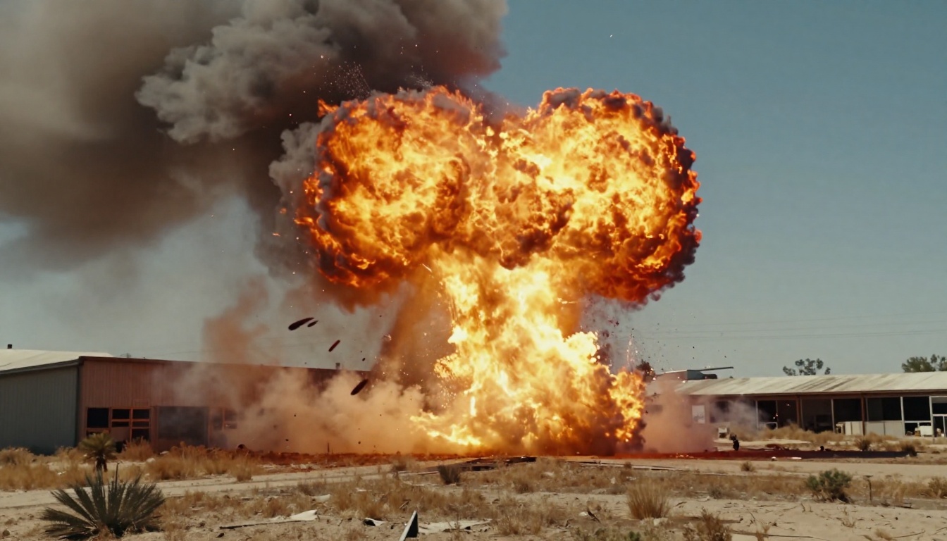 Practical explosion pyrotechnic on a film set, long lens telephoto shot Practical explosion pyrotechnic on a film set, long lens telephoto shot