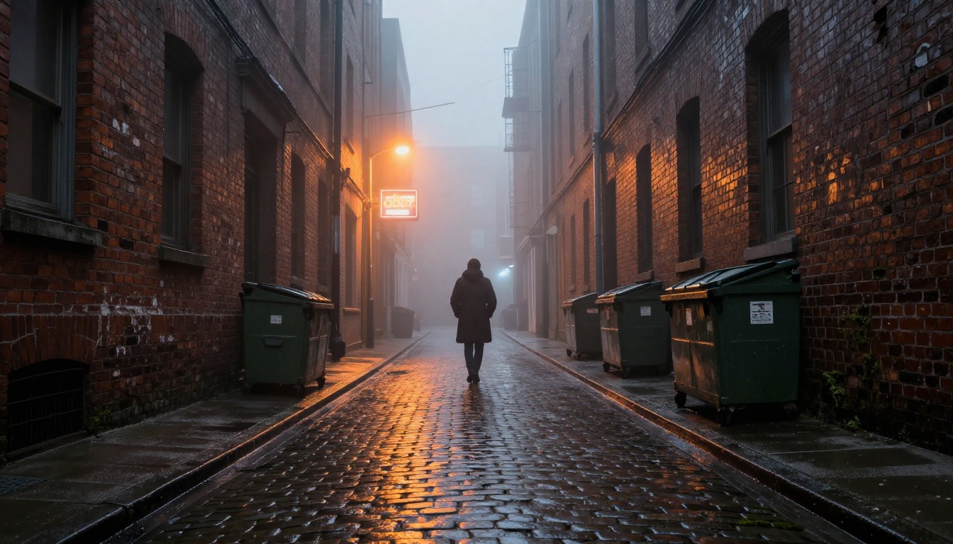 Atmospheric foggy urban alley at 2am with wet cobblestones and a solitary figure Atmospheric foggy urban alley at 2am with wet cobblestones and a solitary figure