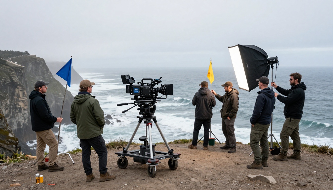 A professional film crew on location at a coastal cliff during overcast morning light A professional film crew on location at a coastal cliff during overcast morning light