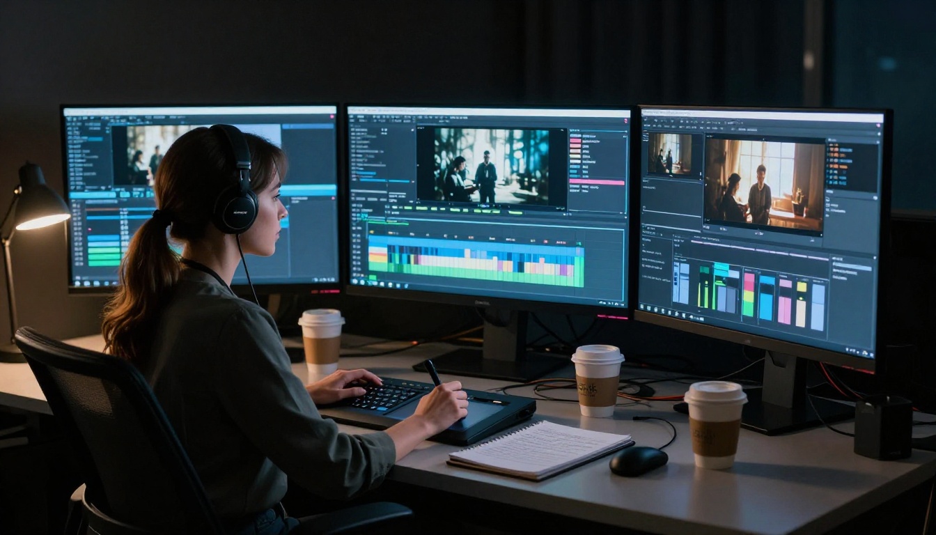 A film editor in a dark post-production suite reviewing cinematic footage on multiple monitors A film editor in a dark post-production suite reviewing cinematic footage on multiple monitors