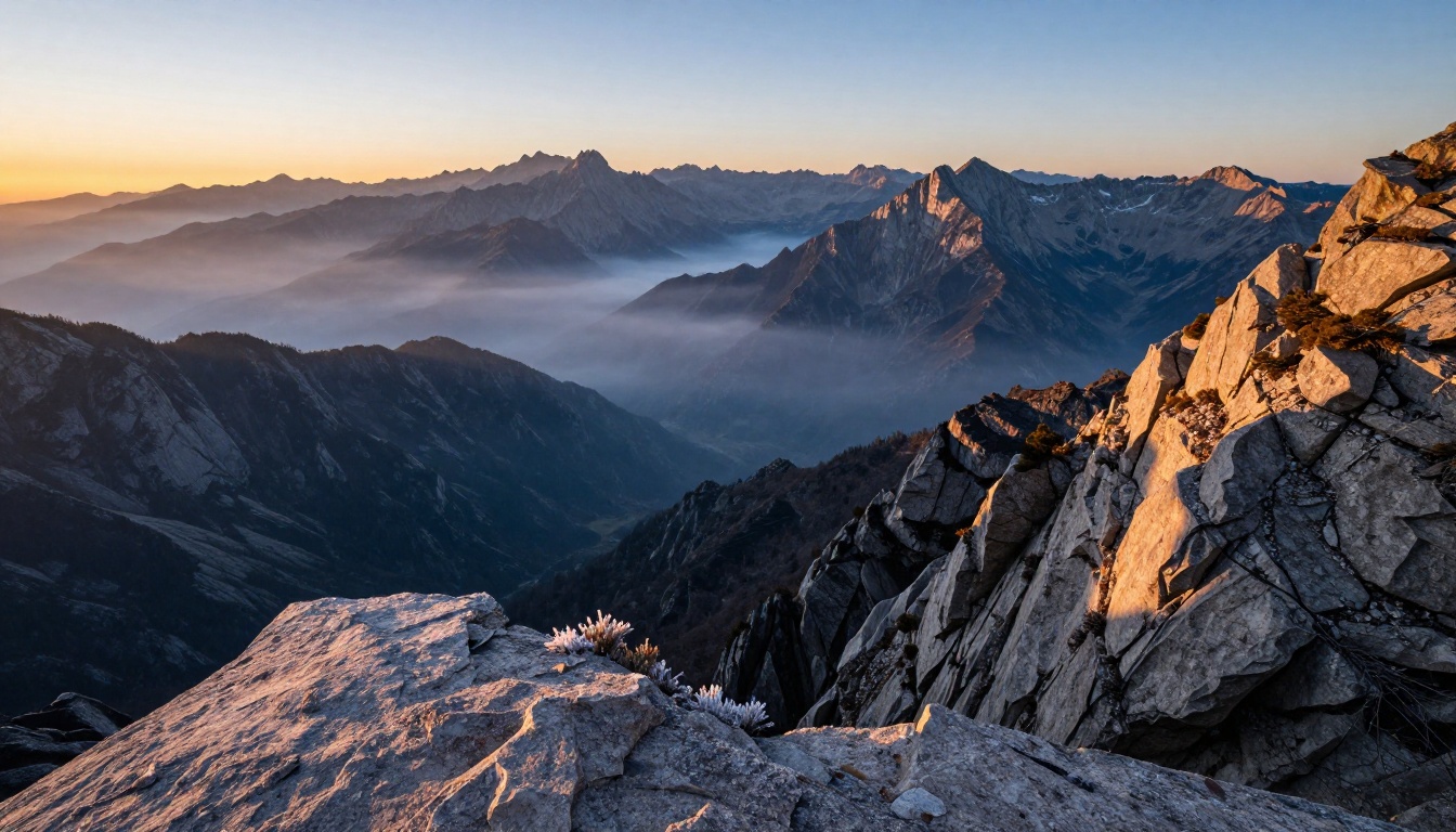 Dramatic sunrise landscape over a mountain range with fog-filled valleys Dramatic sunrise landscape over a mountain range with fog-filled valleys
