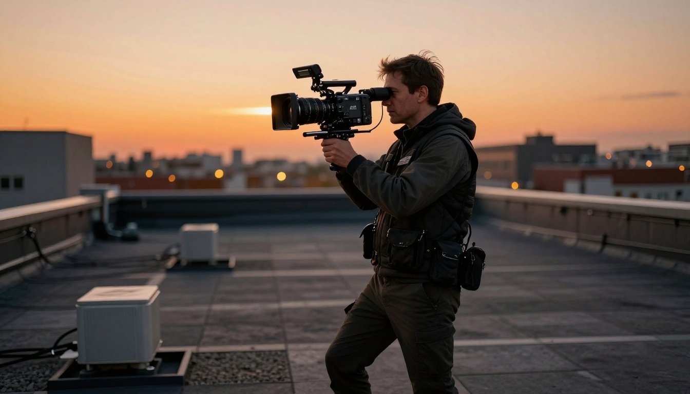 A film camera operator with Arri Alexa Mini LF on an urban rooftop at sunset A film camera operator with Arri Alexa Mini LF on an urban rooftop at sunset