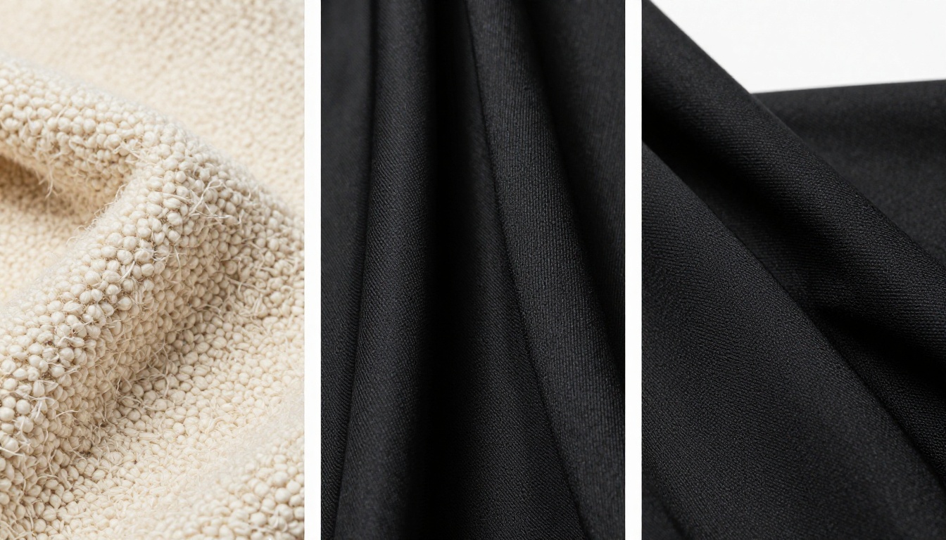 Close-up macro photography of luxurious fabric textures including bouclé, silk charmeuse, and gabardine