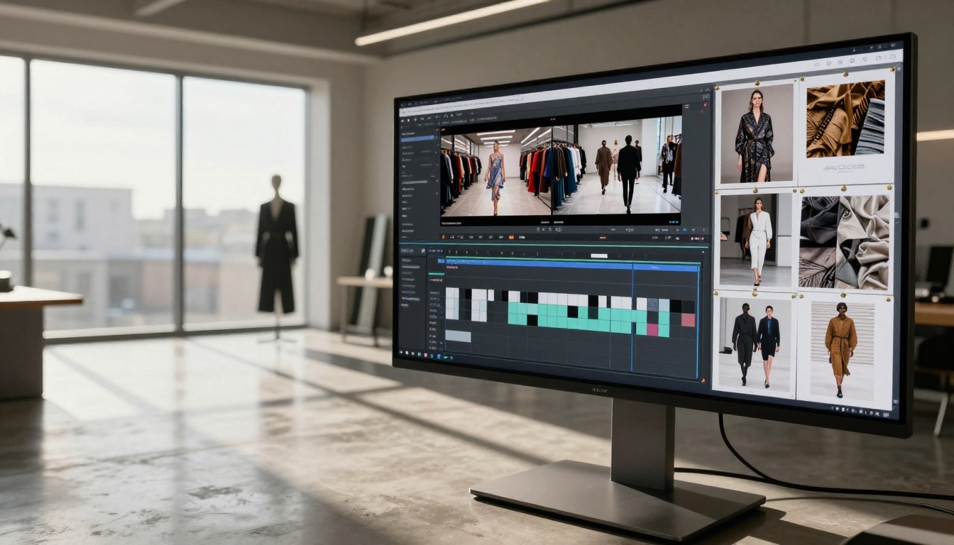 Professional fashion designer studio with video timeline displayed on monitor