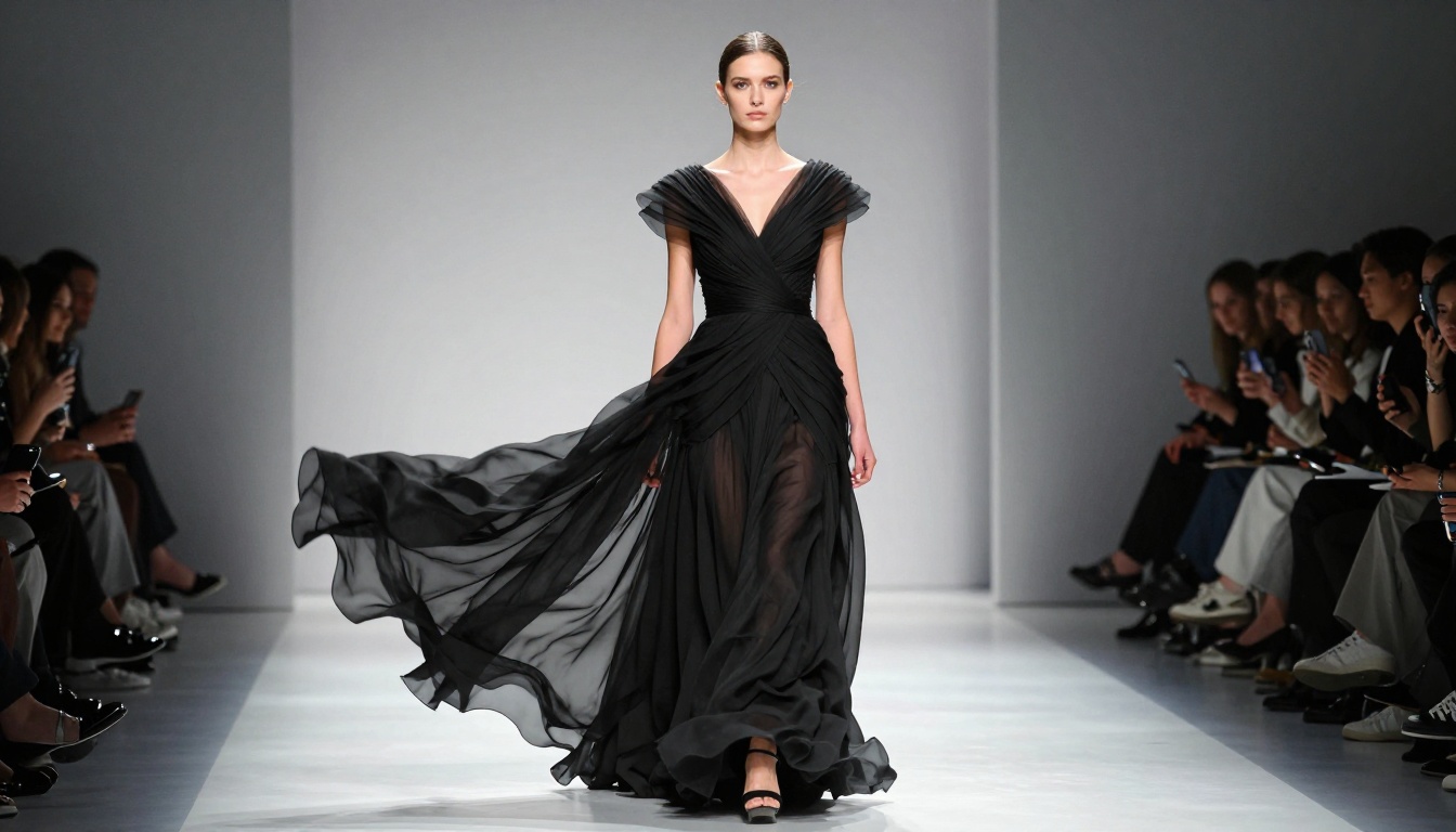 Runway model in black asymmetric chiffon gown under dramatic theatrical lighting