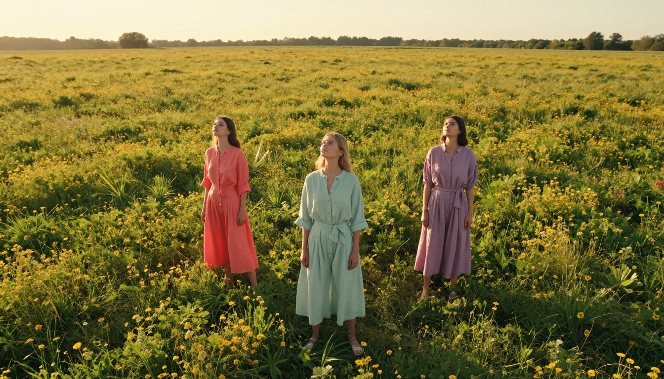 Aerial view of fashion photoshoot in a wildflower meadow at golden hour with three models