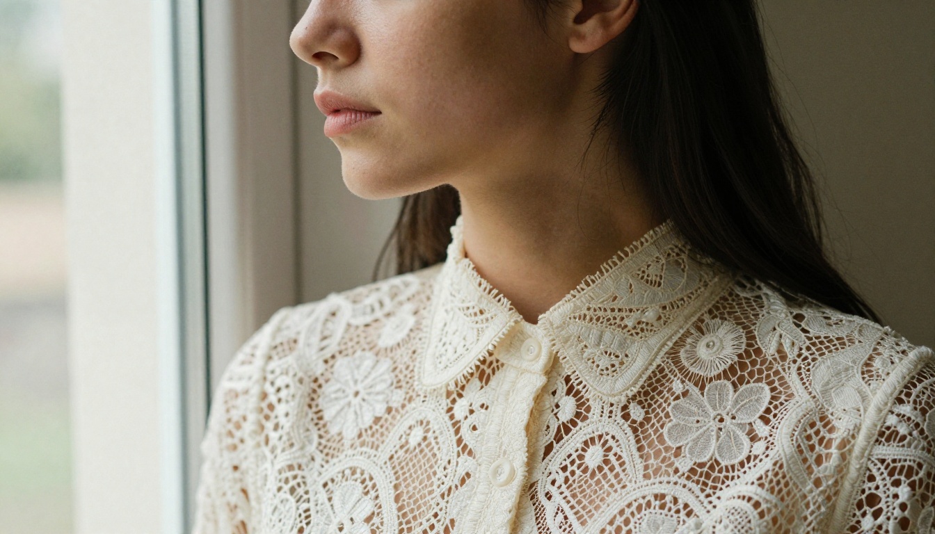Close-up portrait of model in embroidered ivory lace blouse with soft window light