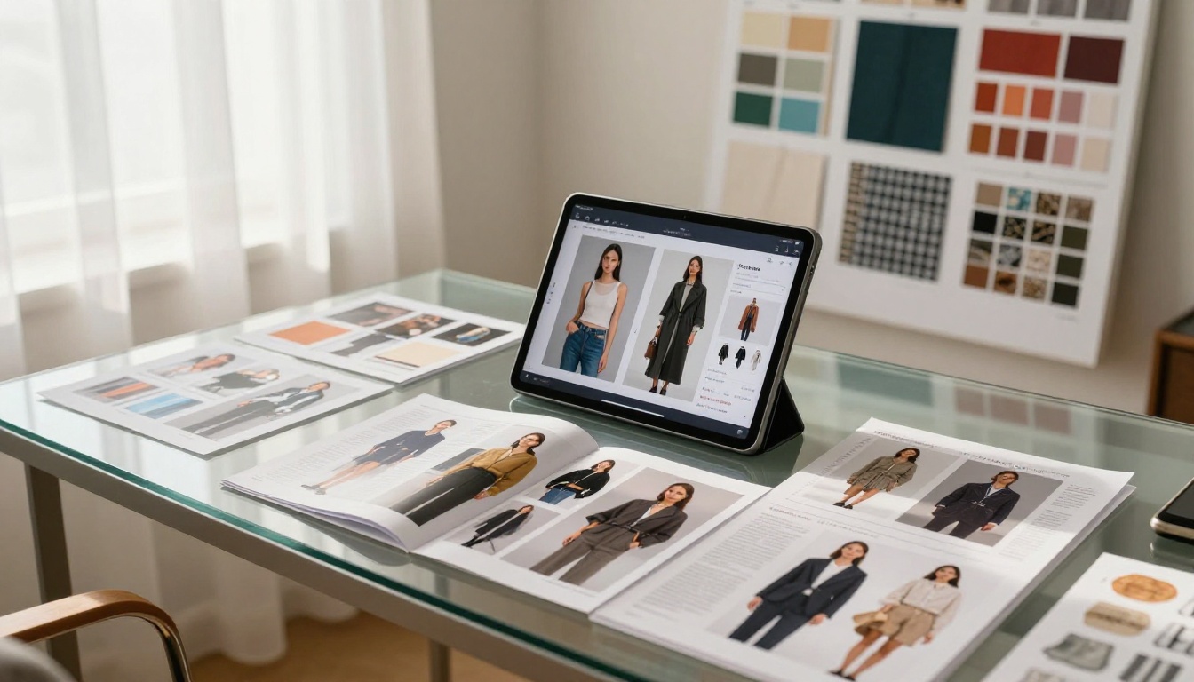 Fashion creative director reviewing AI-generated lookbook content on tablet in a bright minimalist office