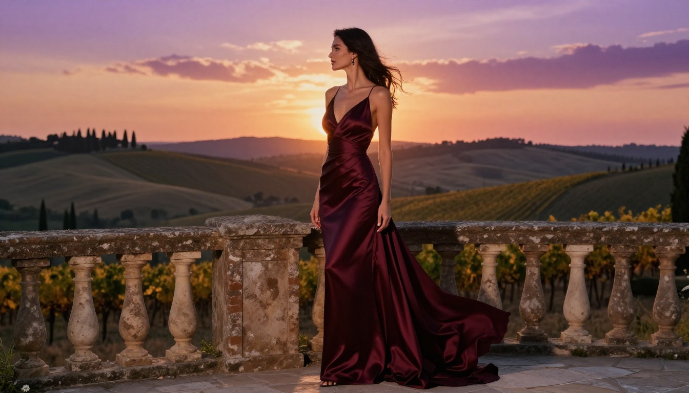 Elegant woman in burgundy silk gown on stone terrace overlooking Tuscan hills at sunset